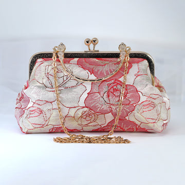 Shimmering Gold Red Rose Floral Wedding Bag, Statement Bag, Evening Clutch, Wedding Clutch, Bridal Clutch, White Cross Body Bag